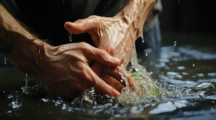 Fototapeta premium Hands washing in water. Concept of hygiene, cleanliness, and the importance of maintaining personal health through regular handwashing.