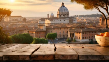 the empty wooden table top with blur background of rome exuberant image for mounting your product digital art high quality photo - obrazy, fototapety, plakaty