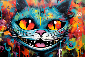 Cheshire smiling cat, graffiti with colored spots