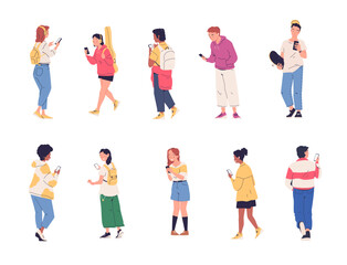 Teenagers using smartphones. Youth characters holding smartphone, teens millennials mobile phone users students cellphone texting browsing social media, classy vector illustration