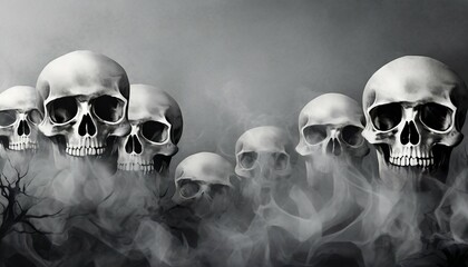 banner with ghost skulls illustration horror background with a mist like ghost skulls