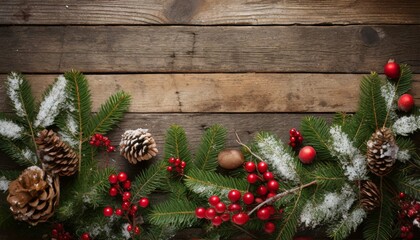holiday evergreen branches and berries over rustic wood background