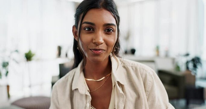 Office, video call and face of woman listening, conversation and virtual conference on business networking. Webinar, planning and happy businesswoman talking in online meeting, presentation or pitch.