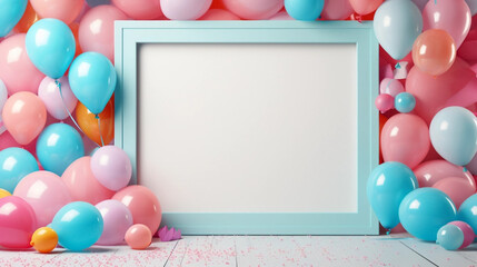 stockphoto, birthday photo frame template with balloons and cake. Beautiful template design for birtday card, birthday invitation, greeting card. - obrazy, fototapety, plakaty
