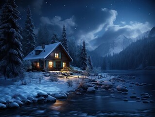 Cozy wooden house in the mountains at winter