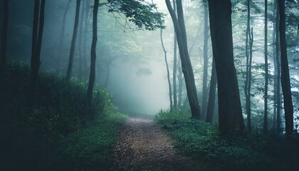 Fototapeta premium dreamy foggy dark forest trail in moody forest alone and creepy feeling in the woods