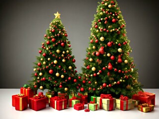 Christmas tree with presents on wooden deck against green background. Space for text