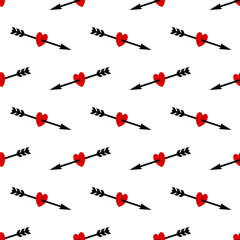 Small red hearts pierced by an arrow isolated on a white background. Cute seamless pattern. Vector simple flat graphic illustration. Texture.