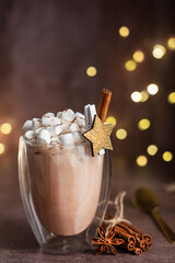 Homemade sweet organic hot chocolate or cocoa drink with marshmallow topping decorated with cinnamon stick served in transparent glass cup or mug on table against garland lights for christmas holiday