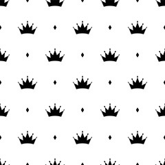 Small black crowns and rhombuses isolated on a white background. Monochrome royal seamless pattern. Vector simple flat graphic illustration. Texture.