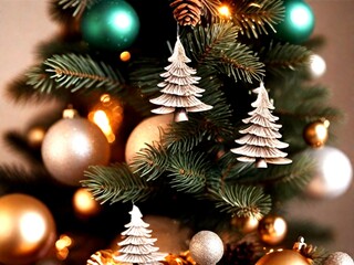 Obraz na płótnie Canvas Beautiful Christmas tree with golden balls and garlands, closeup