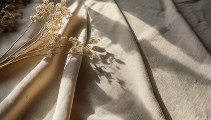 beige linen fabric texture with folds and natural floral sunlight shadows aesthetic summer wedding bohemian background