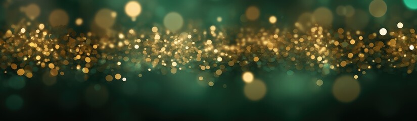 Green festive background with golden glitter bokeh lights. Panoramic view
