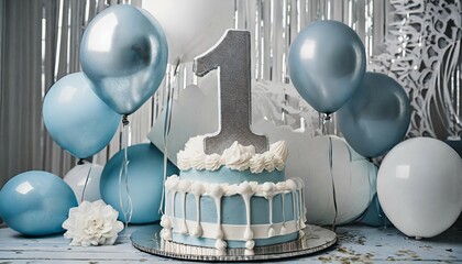sliver blue and white decoration for a 1st birthday cake smash studio photo shoot with balloons paper decor cake and topper