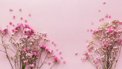 dry pink flowers gypsophila on pink background flat lay top view copy space