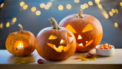 Fototapeta premium close up of carved halloween pumpkins on table