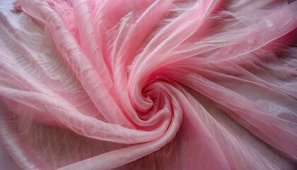 delicate pink organza chiffon fabric background with swirl creased texture sewing fashion clothes making wedding women s apparel concept