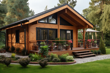 Fototapeta na wymiar a wooden modern cozy house in the forest