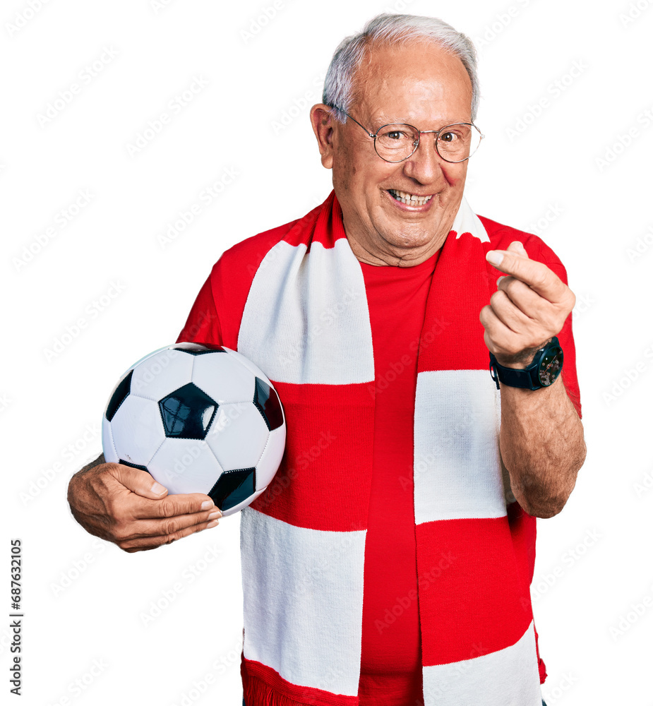 Sticker Senior man with grey hair football hooligan holding ball doing money gesture with hands, asking for salary payment, millionaire business