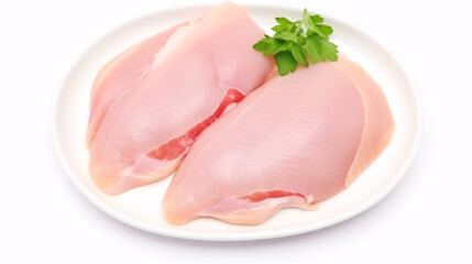 Freshly-cut chicken breast steaks, a poultry dish, isolated on white.
