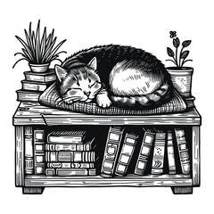 cute cat sleeping on a bookshelf at home sketch