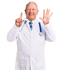 Senior handsome grey-haired man wearing doctor coat and stethoscope showing and pointing up with fingers number six while smiling confident and happy.