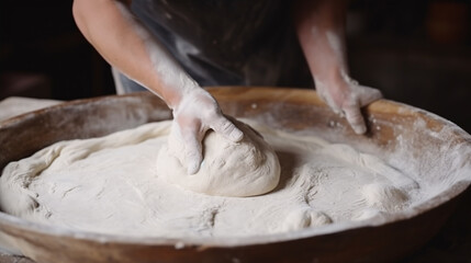 Kneading a wheat-based sourdough mixture into a loaf within a basket.