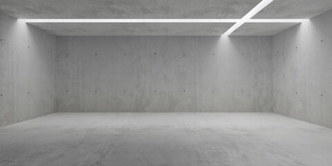 Abstract empty, modern concrete room with cross shaped light stripes in the ceiling and rough floor - industrial interior background template - obrazy, fototapety, plakaty