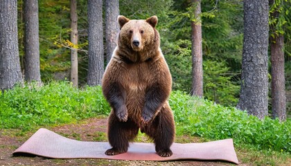 Grizzly Bear Doing Yoga on a Yoga Mat