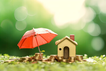 Mortgage protection or renter home insurance. Miniature house model and coins with red umbrella in sunlight on green nature background - obrazy, fototapety, plakaty