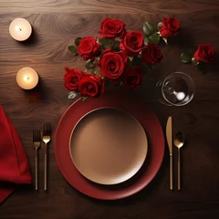 Fotobehang Fotografia con detalle de mesa decorada con flores y velas, con plato y cubiertos © Iridium Creatives