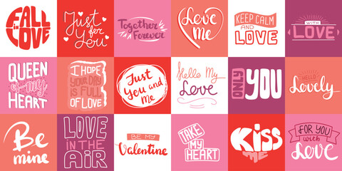 Naklejka premium Collection of text banner for Valentine's Day. Set of lettering inscriptions of love. Love me, Kiss me, Only You, Be mine, For you with love. Hand drawn vector art.