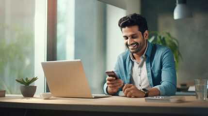 Young indian man using smartphone and laptop - obrazy, fototapety, plakaty