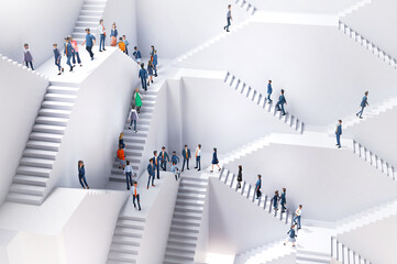 Fototapeta premium Lots of business and professional people queueing up on trails in an abstract environment with many stair, representing professional challenges, career, growth and Busi business life. 3d rendering 