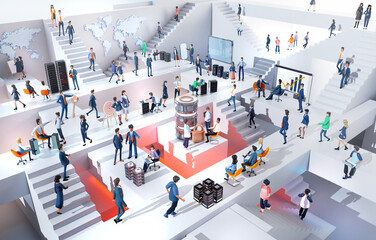Lots of business people running up and down stairs in an abstract business environment, business busy life, working together concept. 3D rendering illustration