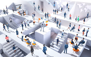 Demonstration of new Robot to business people. Lots of people working in an abstract business environment, business busy life, new technology concept. 3D rendering illustration