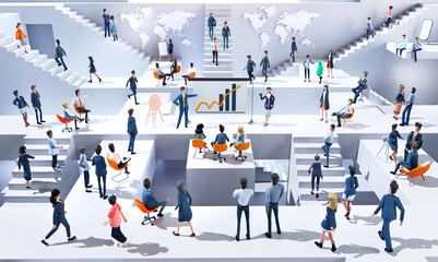 Obraz premium Businessmen having a presentation. Business people working together in an abstract business environment, having a meeting, running up and down to stairs, 3D rendering illustration