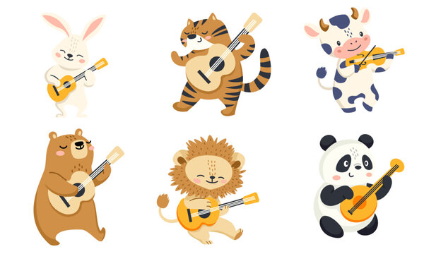 Set of children vector illustration. Cute cow panda bear hare hare lion and tiger playing guitar. Animals with musical instruments on white background . Vector illustration