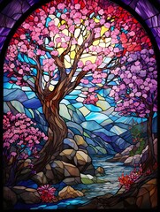 Stained glass window with pink cherry blossom tree.