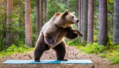 Grizzly Bear Doing Yoga on a Yoga Mat - obrazy, fototapety, plakaty