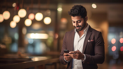 Young indian businessman using smartphone - obrazy, fototapety, plakaty