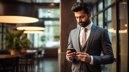 Young indian businessman using smartphone - obrazy, fototapety, plakaty
