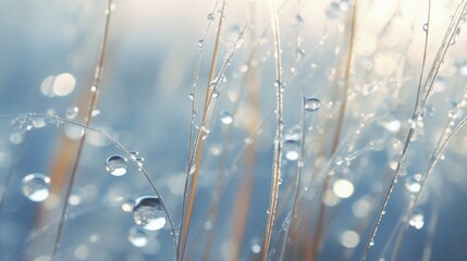 close-up shot capturing the delicate white dewdrops clinging to the slender reeds, high quality, copy space, 16:9