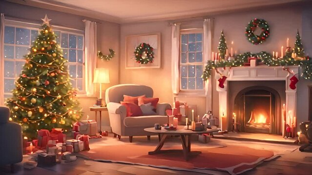 Christmas, Living room with Christmas and New Year decorated interior. cartoon or anime watercolor illustration style motion graphic video background