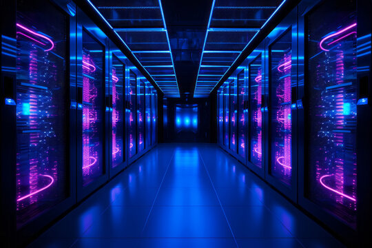 Futuristic interior of modern data centre, with rows of servers shining in a cool neon light. Cybersecurity concept