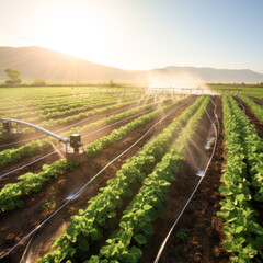 Water irrigation at agriculture field - obrazy, fototapety, plakaty