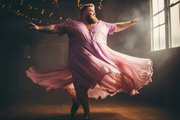 Plus-size man wearing dress dancing, having fun moving and listening to music, relaxing. - obrazy, fototapety, plakaty