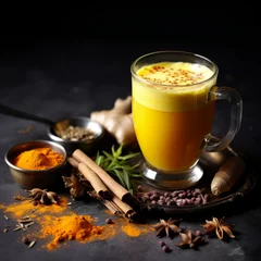 Fotobehang Turmeric latte with milk and cinnamon. Elixir of health © Natalia Klenova