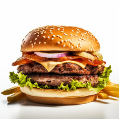 A tasty hamburger with fries, fast food, white background,