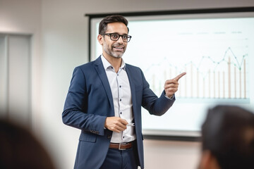 Obraz premium Indian businessman showing graph in the meeting